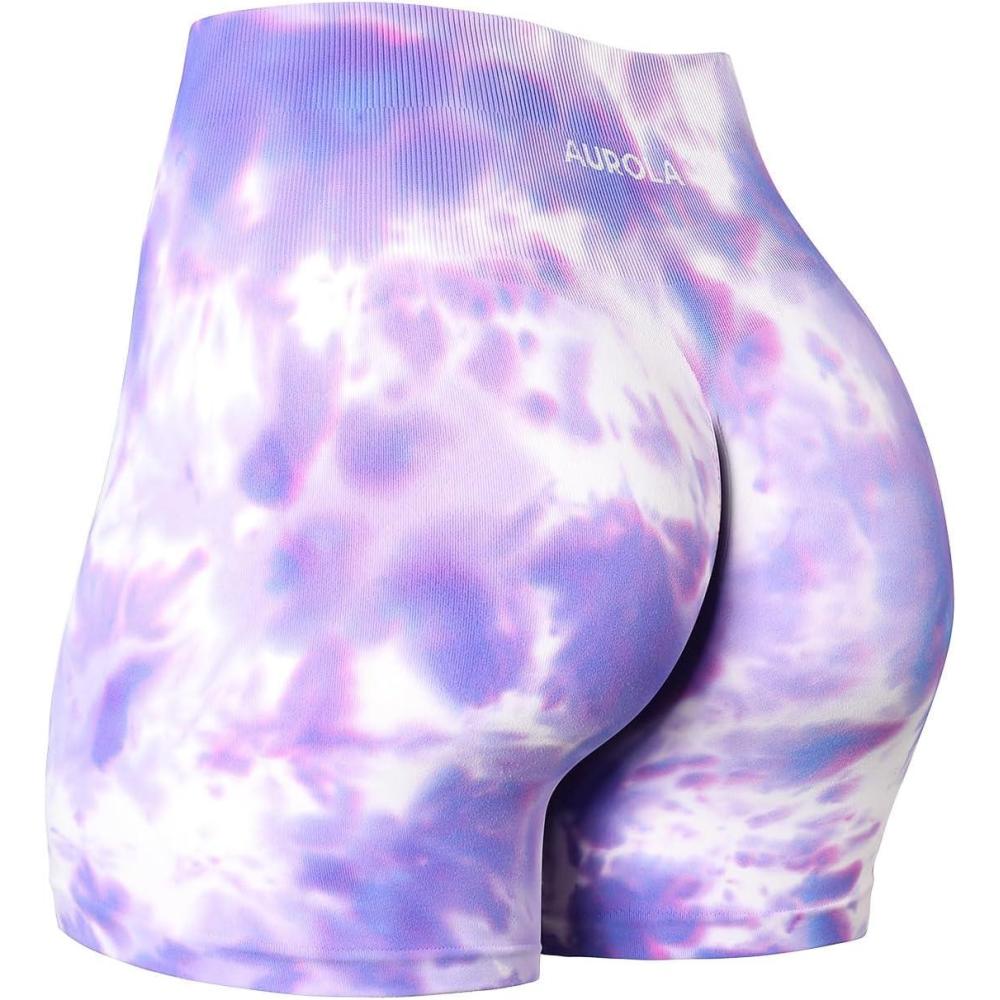 imageAUROLA Dream Tie Dye Workout Shorts for Women Seamless Scrunch Soft Active ShortsFantasy Jacaranda Tie Dye