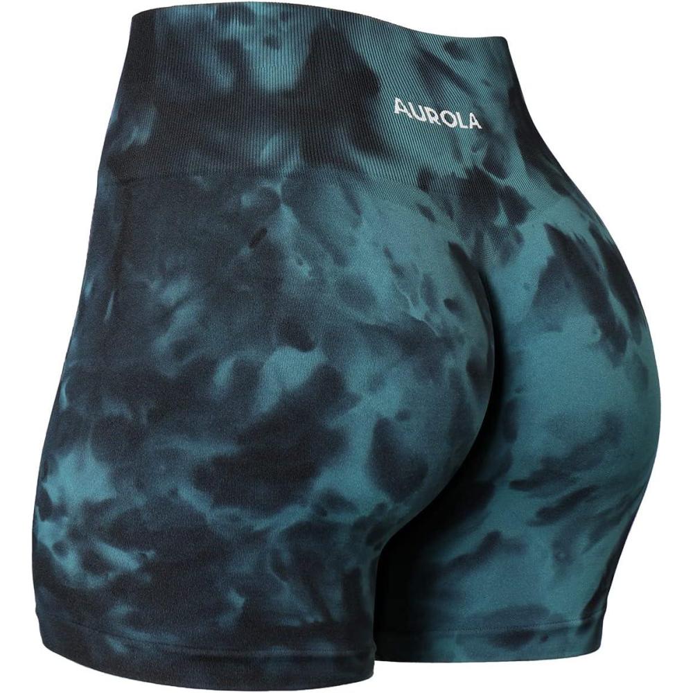 imageAUROLA Dream Tie Dye Workout Shorts for Women Seamless Scrunch Soft Active ShortsGreenblack Tie Dye