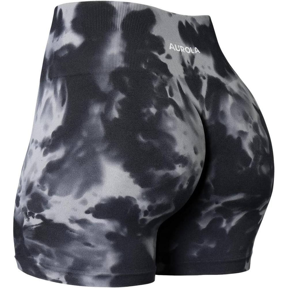 imageAUROLA Dream Tie Dye Workout Shorts for Women Seamless Scrunch Soft Active ShortsGreyblack Tie Dye