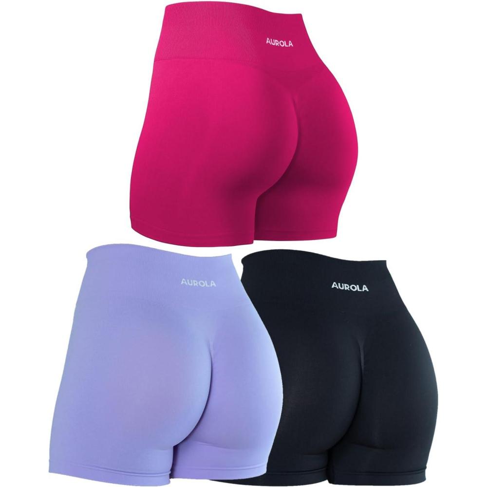 imageAUROLA Dream Tie Dye Workout Shorts for Women Seamless Scrunch Soft Active ShortsPack Dark BlackJacarandaPink