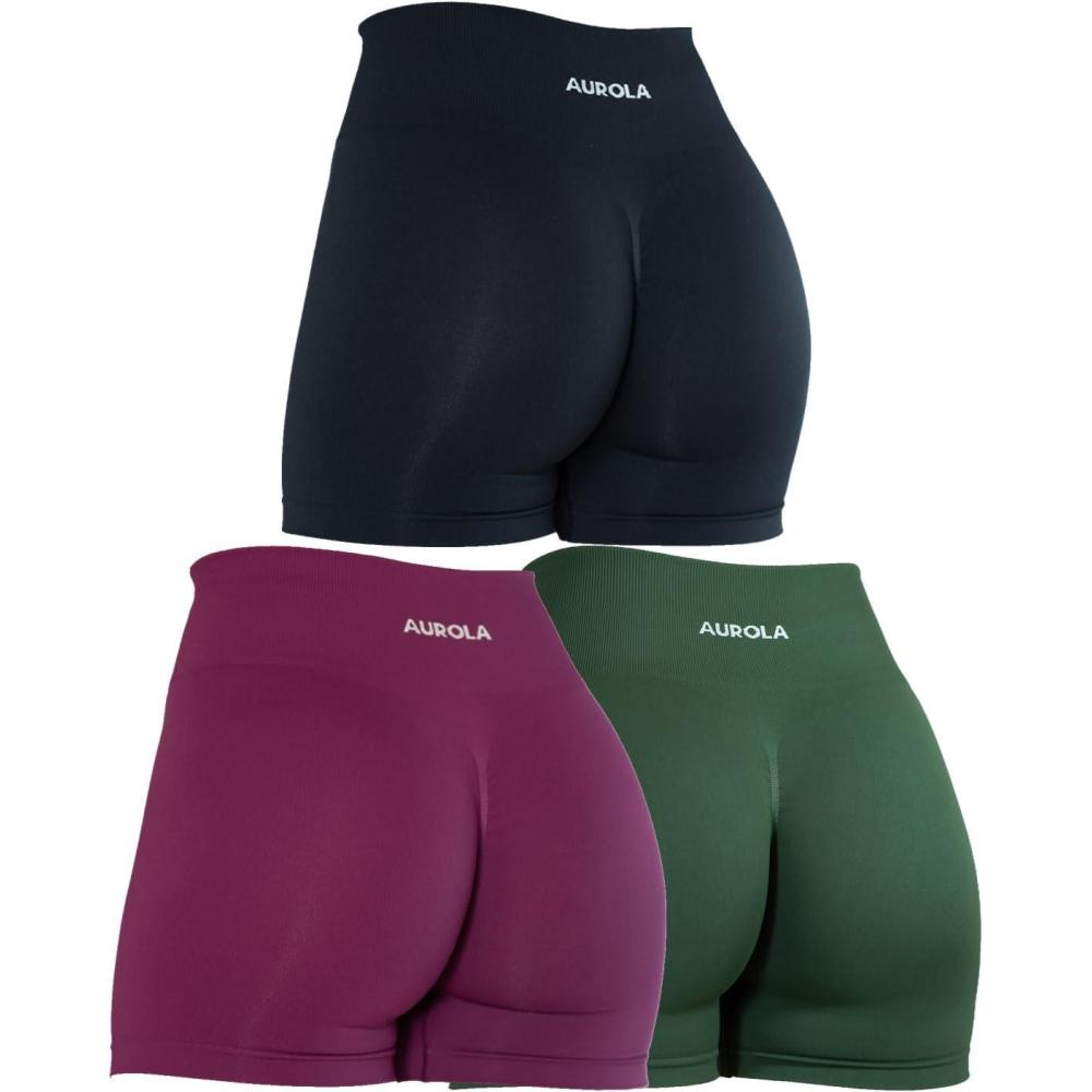 imageAUROLA Dream Tie Dye Workout Shorts for Women Seamless Scrunch Soft Active ShortsPack Dark BlackMountain ViewMagenta