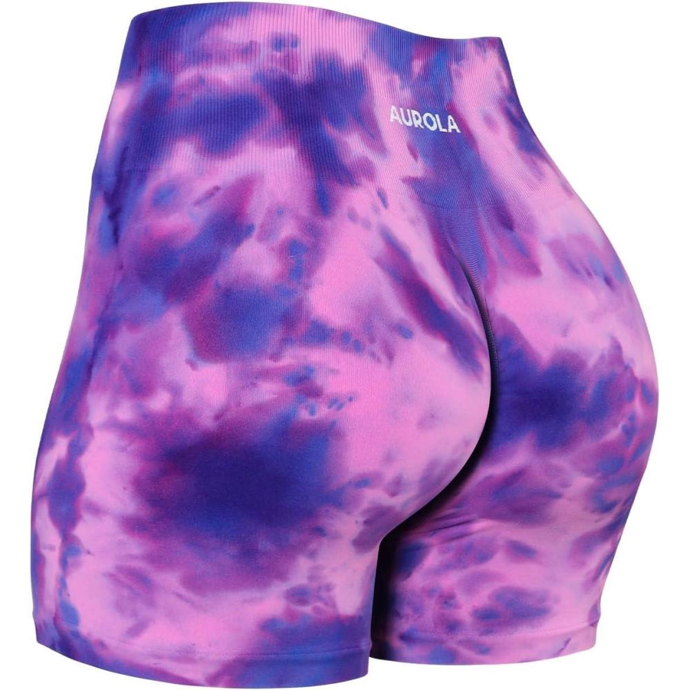 imageAUROLA Dream Tie Dye Workout Shorts for Women Seamless Scrunch Soft Active ShortsPurple Fireworks Tie Dye