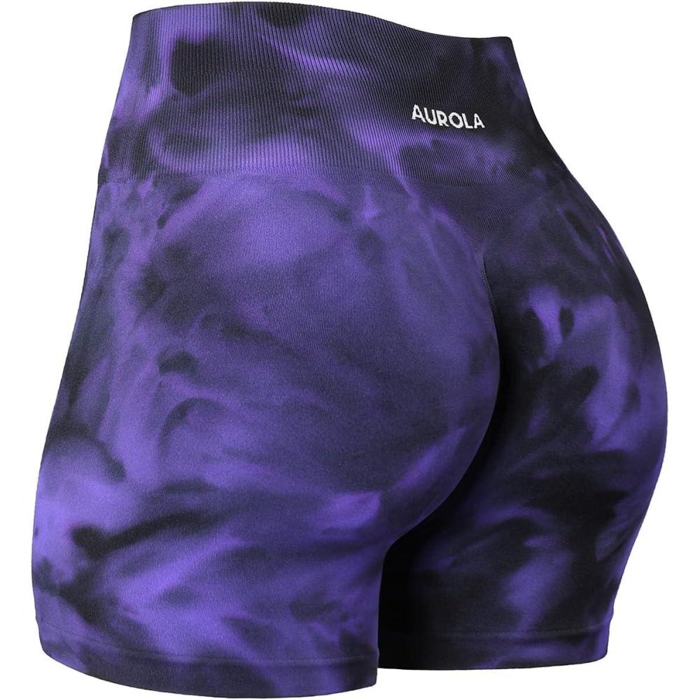 imageAUROLA Dream Tie Dye Workout Shorts for Women Seamless Scrunch Soft Active ShortsPurpleblack Tie Dye