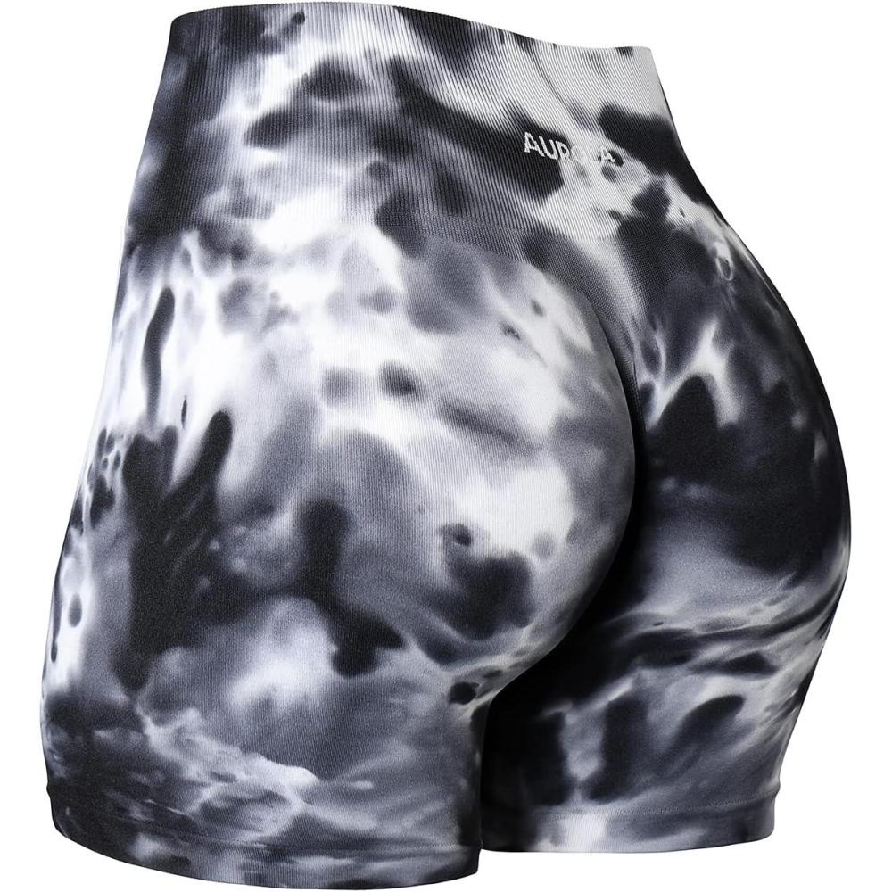 imageAUROLA Dream Tie Dye Workout Shorts for Women Seamless Scrunch Soft Active ShortsWhiteblack Tie Dye