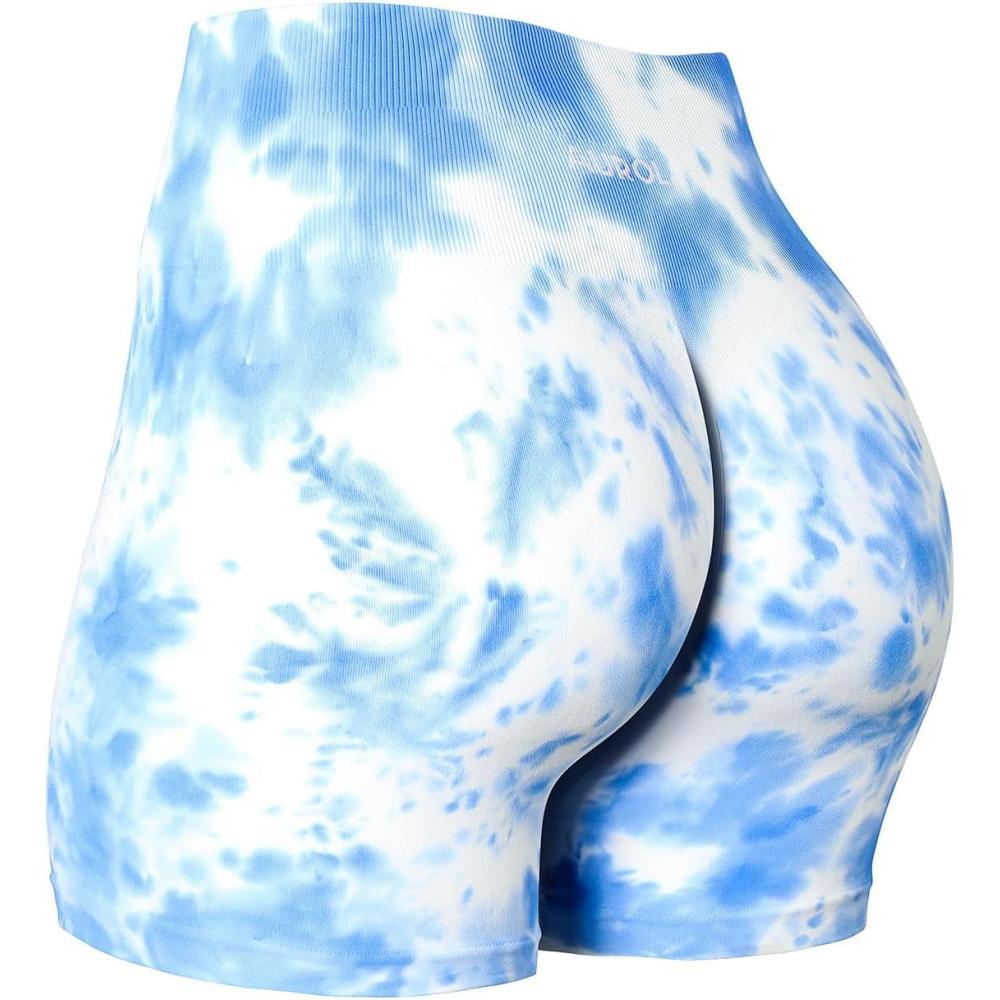 imageAUROLA Dream Tie Dye Workout Shorts for Women Seamless Scrunch Soft Active ShortsWhitediva Blue Tie Dye