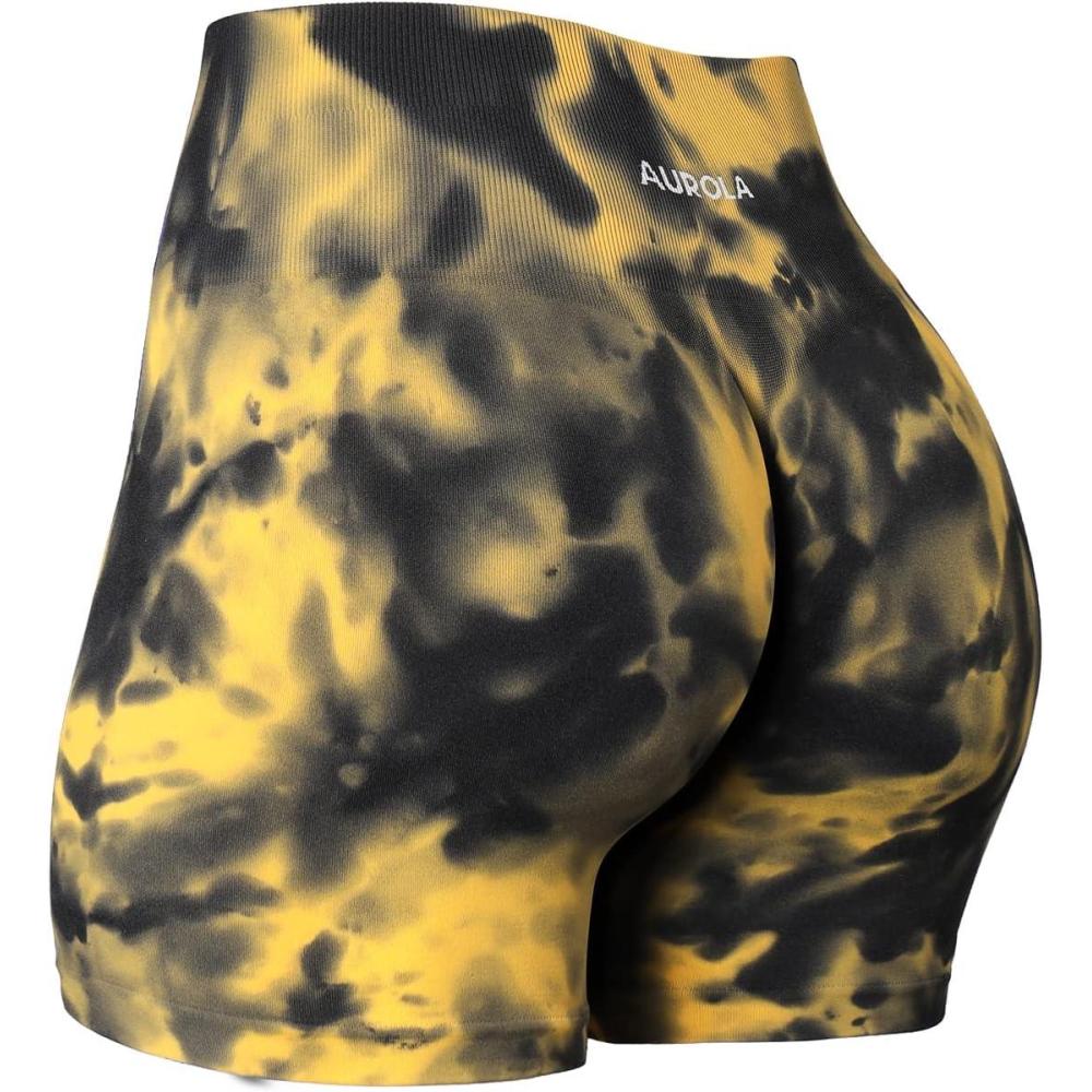 imageAUROLA Dream Tie Dye Workout Shorts for Women Seamless Scrunch Soft Active ShortsYellowblack Tie Dye