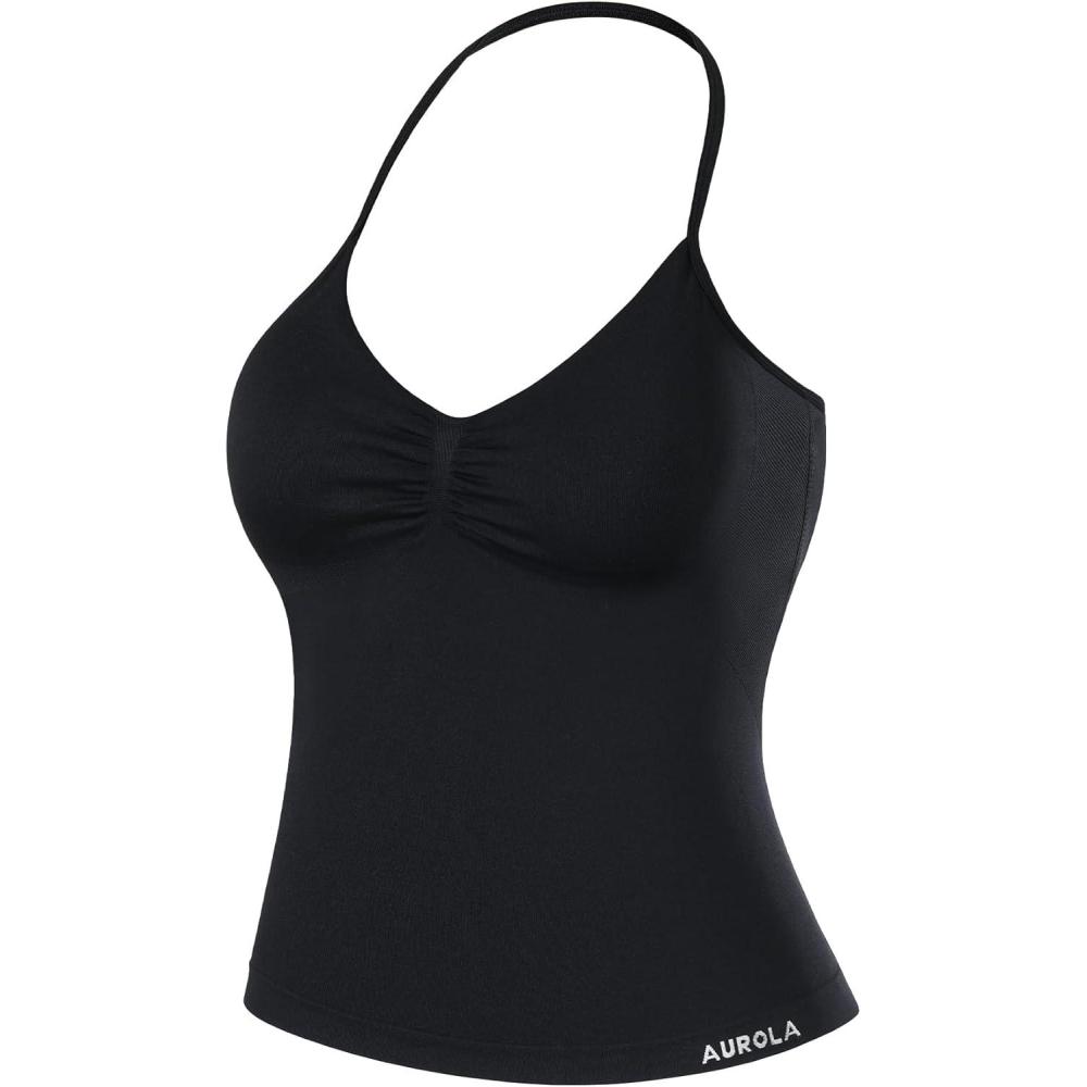 imageAUROLA Influence Longline Strappy Workout Halter Tops for WomenRemovable Cups Padded Bras Impact Gym Yoga Sleeveless TopBlack