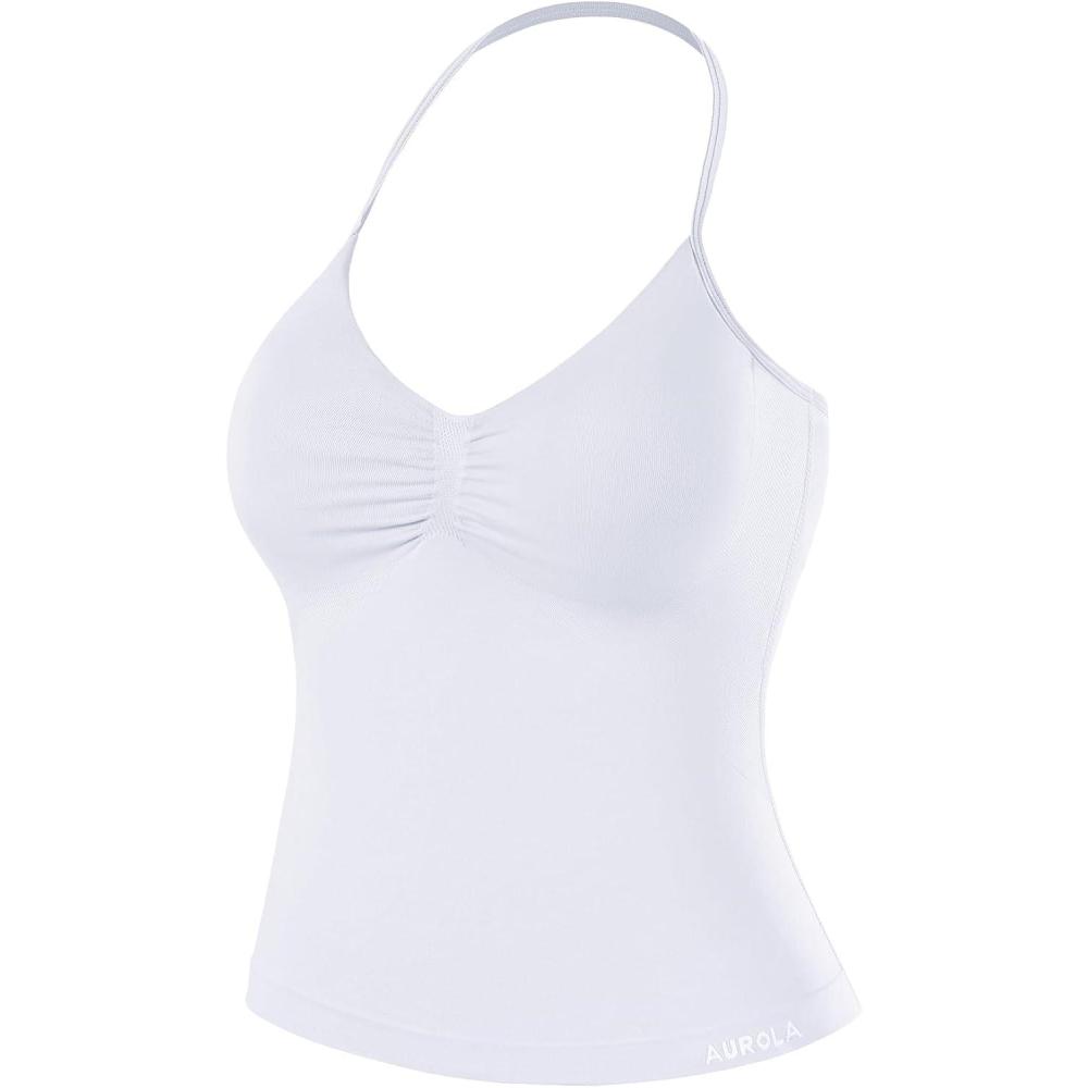 imageAUROLA Influence Longline Strappy Workout Halter Tops for WomenRemovable Cups Padded Bras Impact Gym Yoga Sleeveless TopCrescent White
