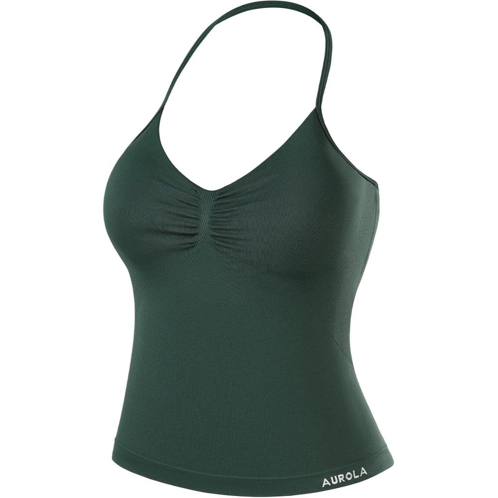 imageAUROLA Influence Longline Strappy Workout Halter Tops for WomenRemovable Cups Padded Bras Impact Gym Yoga Sleeveless TopEden Green