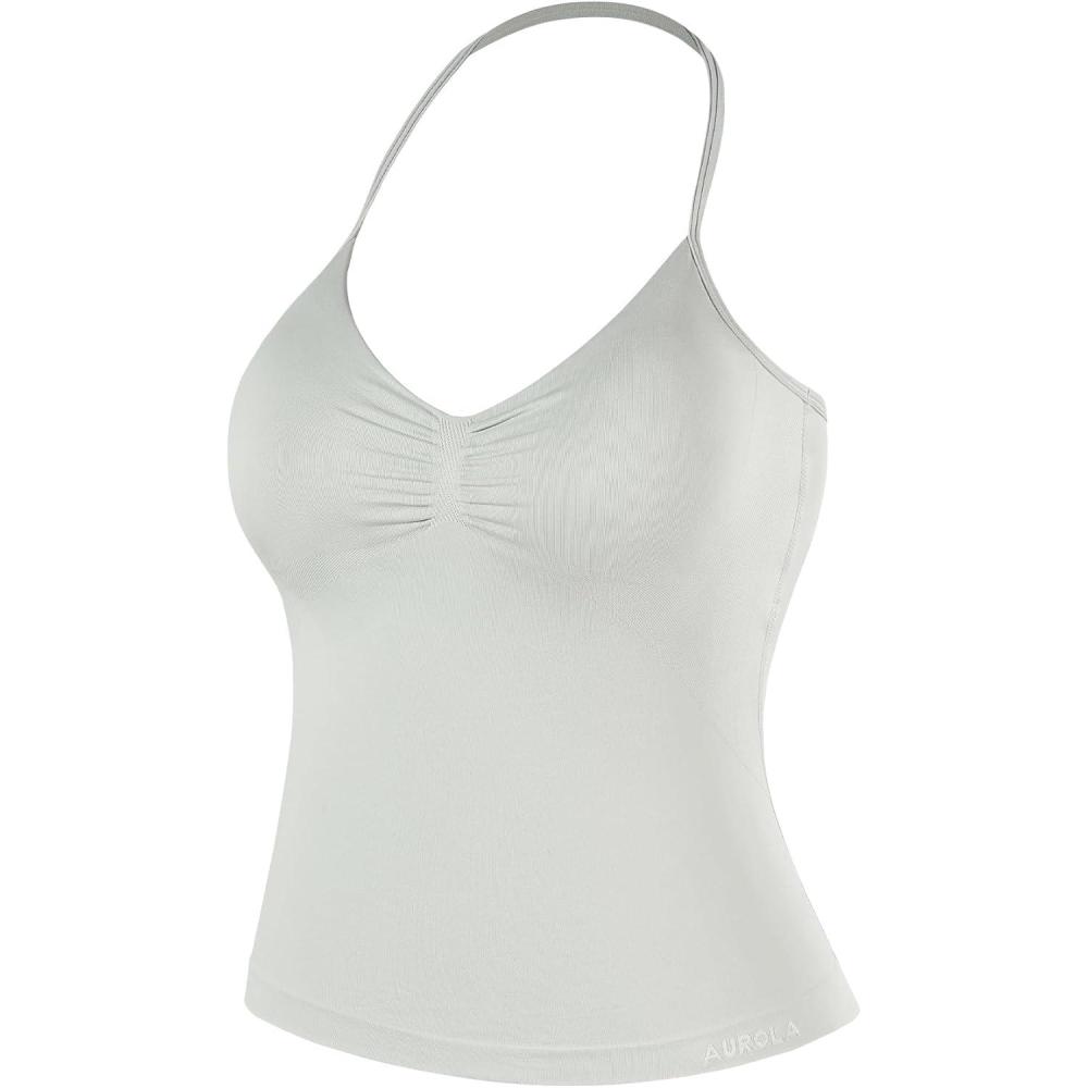 imageAUROLA Influence Longline Strappy Workout Halter Tops for WomenRemovable Cups Padded Bras Impact Gym Yoga Sleeveless TopGlacier Gray