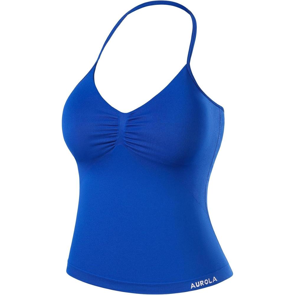 imageAUROLA Influence Longline Strappy Workout Halter Tops for WomenRemovable Cups Padded Bras Impact Gym Yoga Sleeveless TopKlein Blue