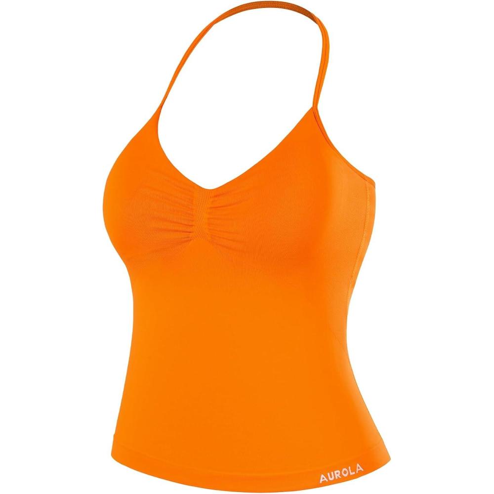 imageAUROLA Influence Longline Strappy Workout Halter Tops for WomenRemovable Cups Padded Bras Impact Gym Yoga Sleeveless TopPersimmon Orange