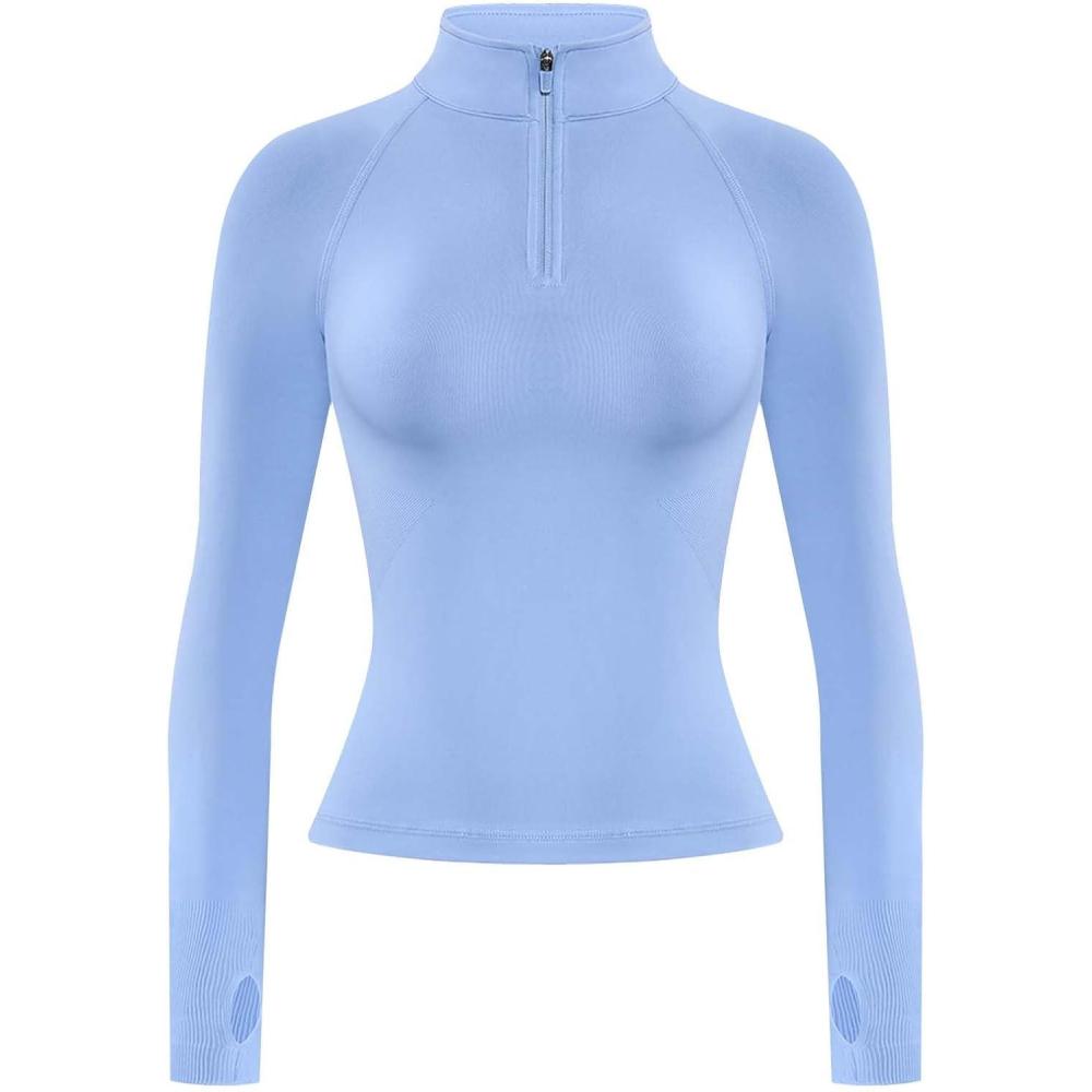 imageAUROLA Influence Workout Jacket for Women Half Zip Cropped Slim Fit Long Sleeve Yoga Jackets Athletic Top with Thumb HolesAiry Blue