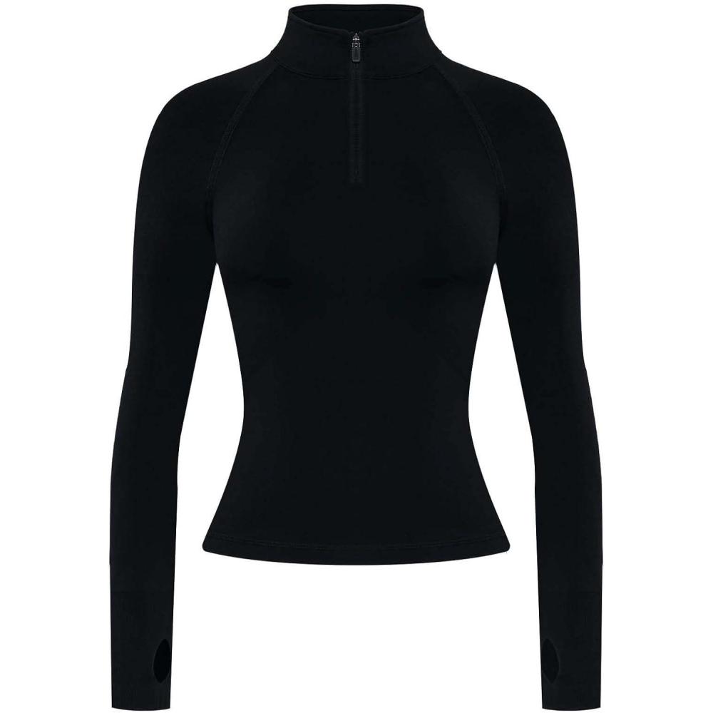 imageAUROLA Influence Workout Jacket for Women Half Zip Cropped Slim Fit Long Sleeve Yoga Jackets Athletic Top with Thumb HolesBlack