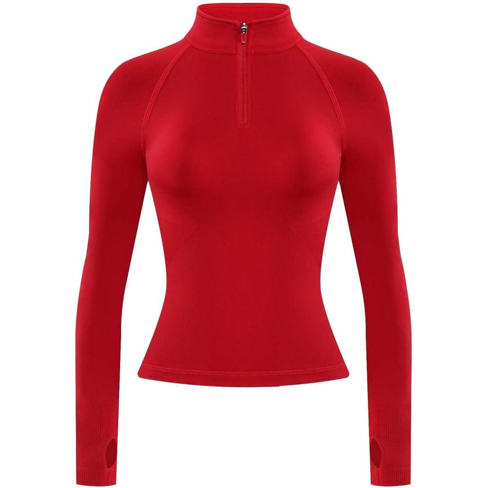 imageAUROLA Influence Workout Jacket for Women Half Zip Cropped Slim Fit Long Sleeve Yoga Jackets Athletic Top with Thumb HolesChili Red