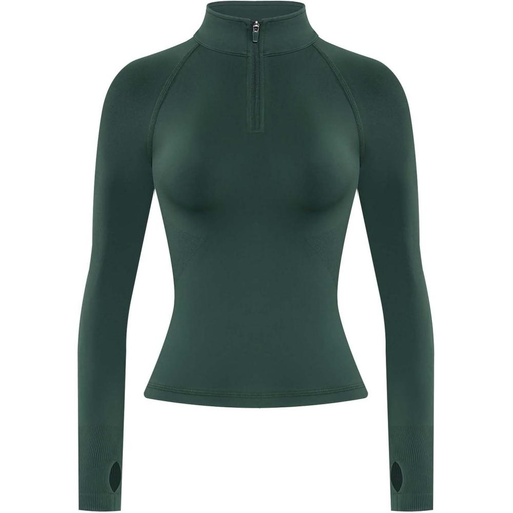 imageAUROLA Influence Workout Jacket for Women Half Zip Cropped Slim Fit Long Sleeve Yoga Jackets Athletic Top with Thumb HolesEden Green