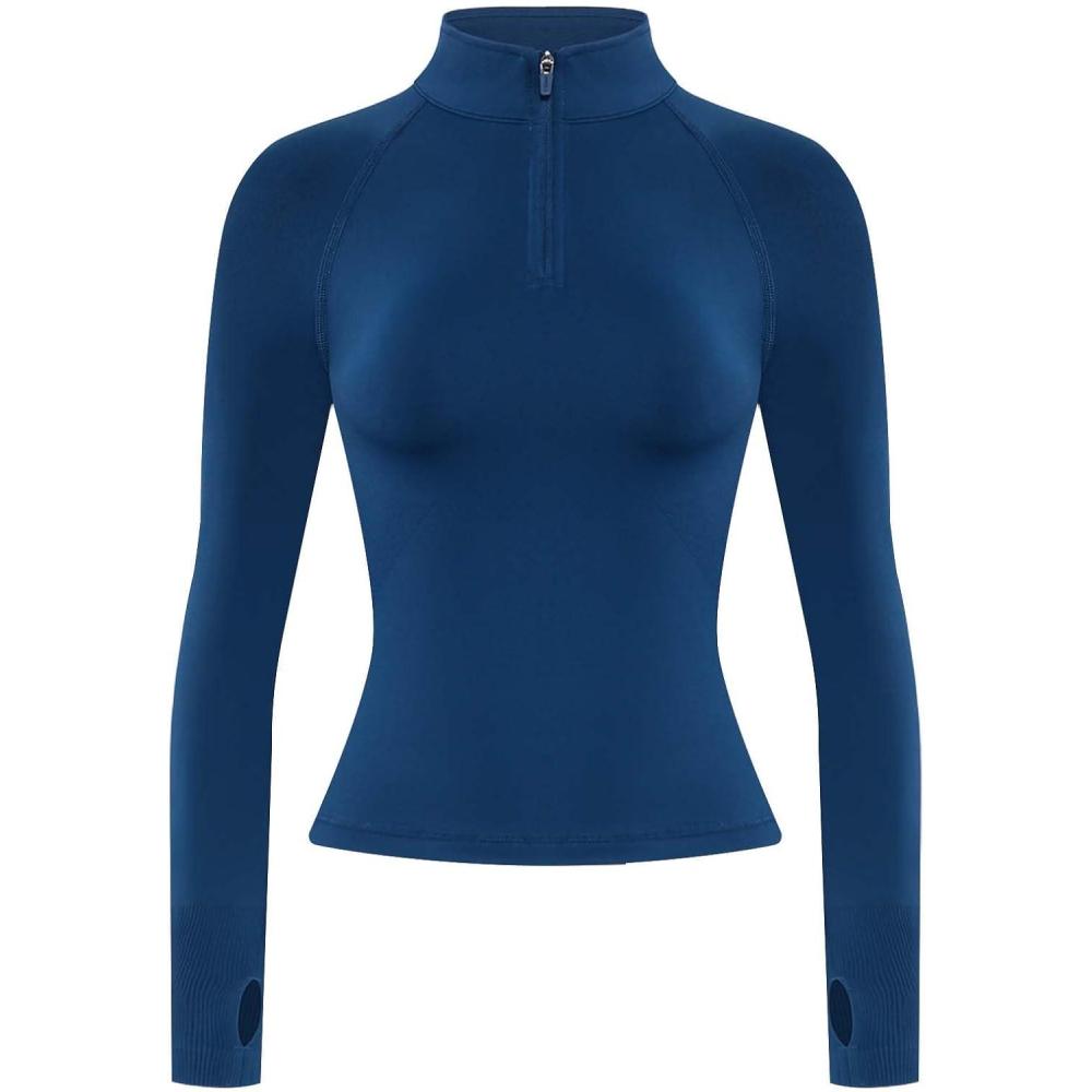 imageAUROLA Influence Workout Jacket for Women Half Zip Cropped Slim Fit Long Sleeve Yoga Jackets Athletic Top with Thumb HolesEnsign Blue