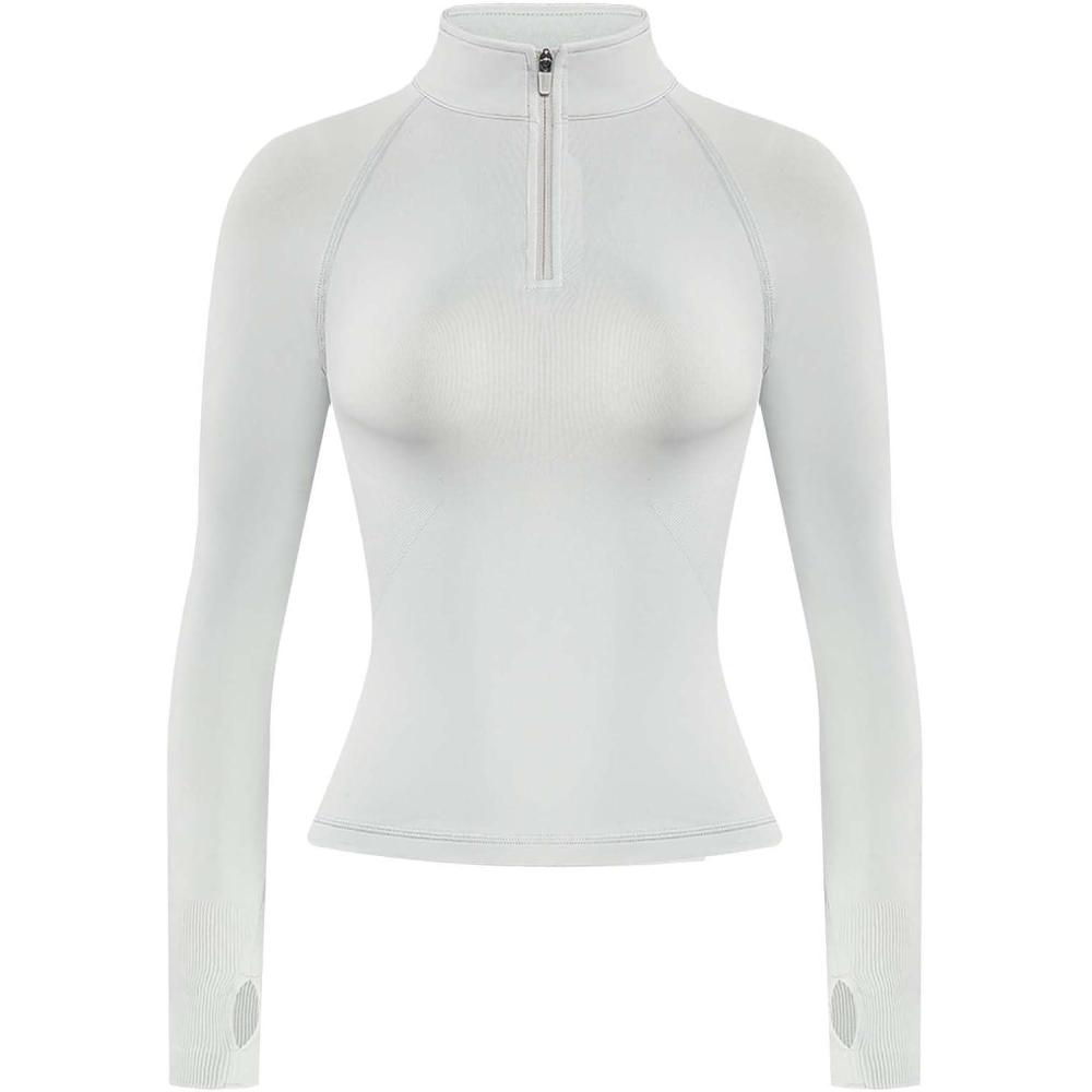 imageAUROLA Influence Workout Jacket for Women Half Zip Cropped Slim Fit Long Sleeve Yoga Jackets Athletic Top with Thumb HolesGlacier Gray