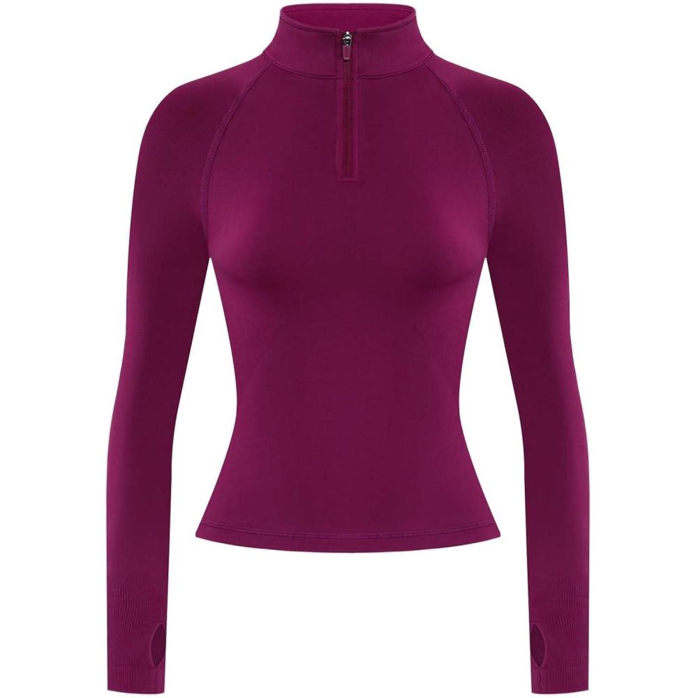 imageAUROLA Influence Workout Jacket for Women Half Zip Cropped Slim Fit Long Sleeve Yoga Jackets Athletic Top with Thumb HolesMagenta