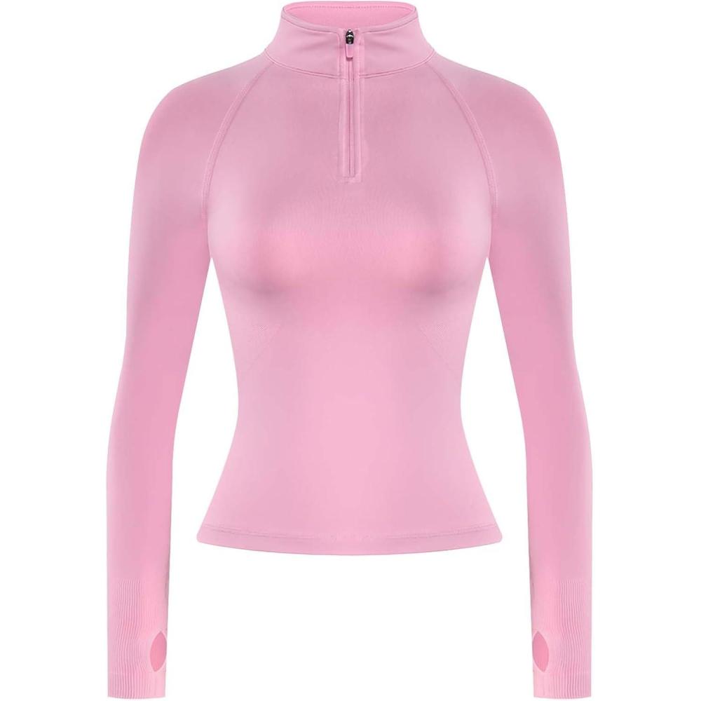 imageAUROLA Influence Workout Jacket for Women Half Zip Cropped Slim Fit Long Sleeve Yoga Jackets Athletic Top with Thumb HolesSweet Pink