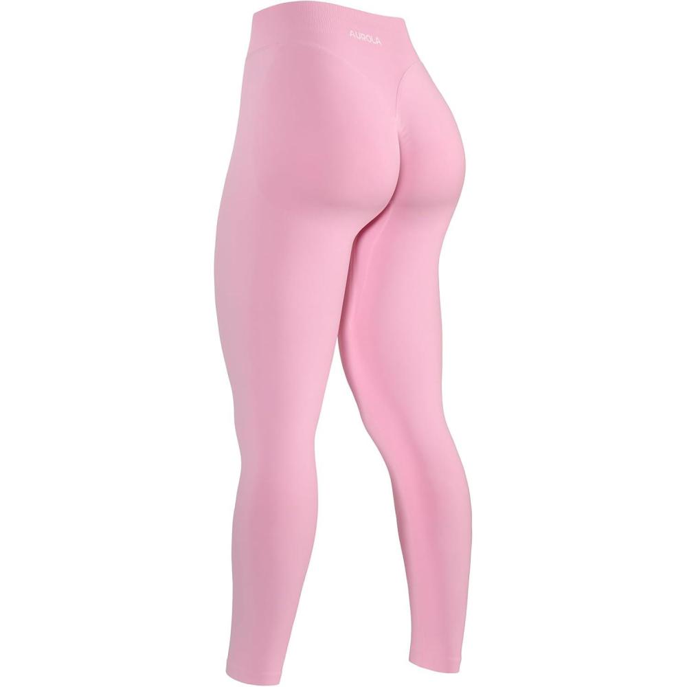 imageAUROLA Influence Workout Leggings for Women Seamless Compression Tummy Control Leggings Mid Rise Yoga PantsSweet Pink