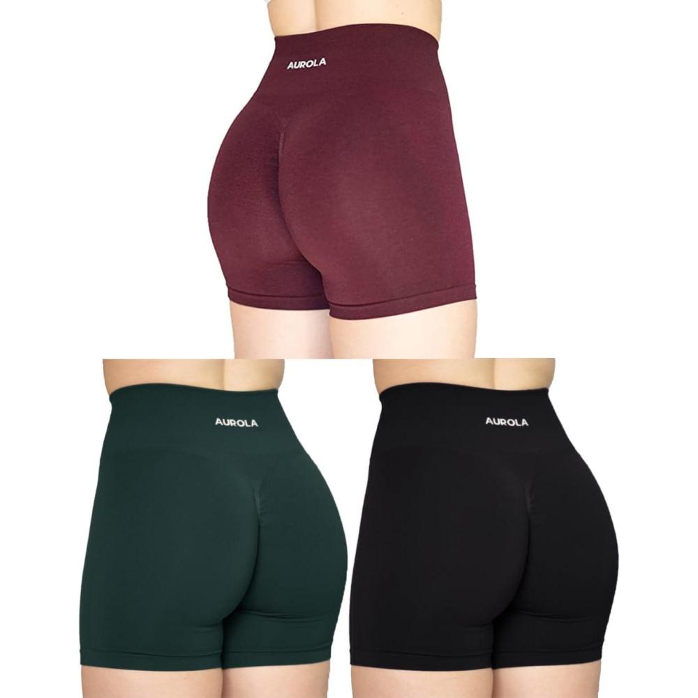imageAUROLA Intensify Workout Shorts for Women Seamless Scrunch Short Gym Yoga Running Sport Active Exercise Fitness ShortsBlackDark GreenBlack Cherry