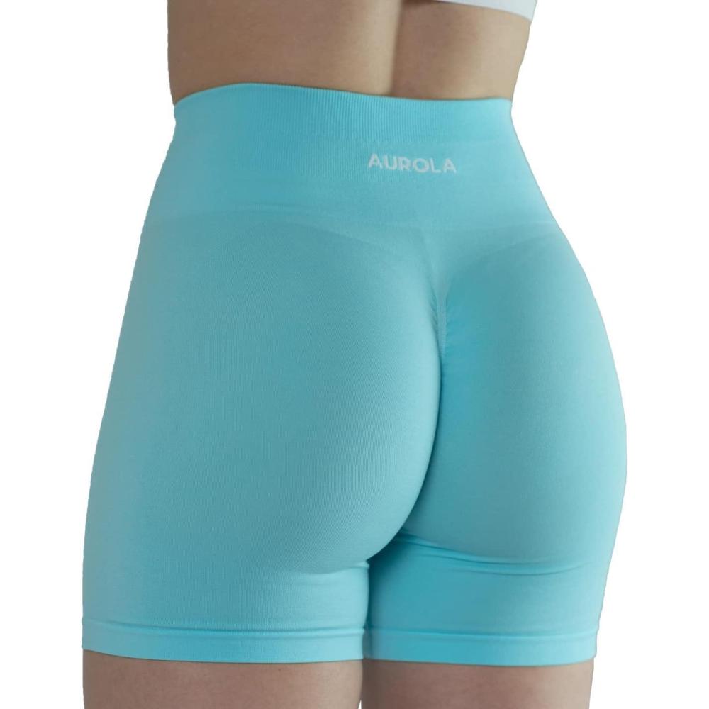 imageAUROLA Intensify Workout Shorts for Women Seamless Scrunch Short Gym Yoga Running Sport Active Exercise Fitness ShortsCrystal Blue