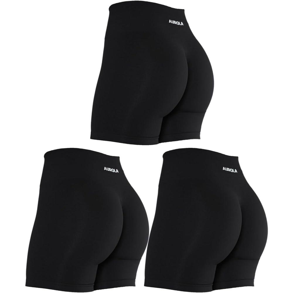 imageAUROLA Intensify Workout Shorts for Women Seamless Scrunch Short Gym Yoga Running Sport Active Exercise Fitness ShortsPack3 Pieces Black