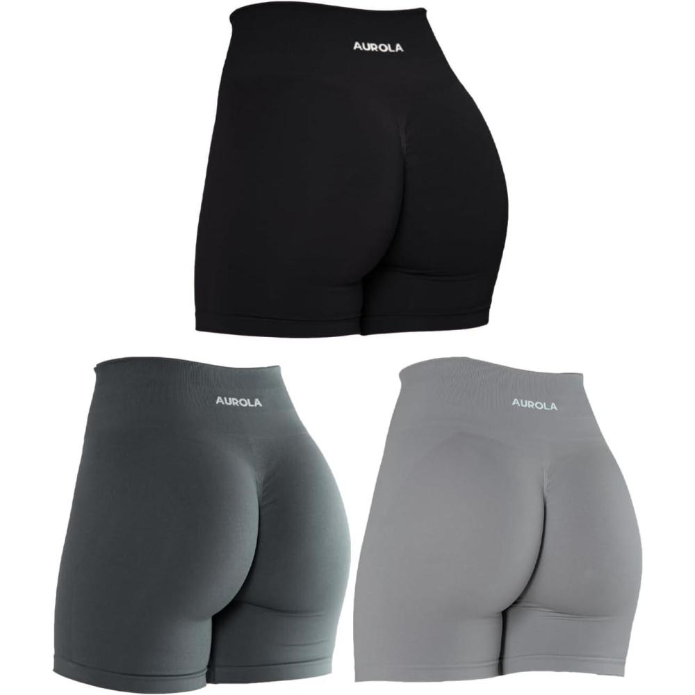 imageAUROLA Intensify Workout Shorts for Women Seamless Scrunch Short Gym Yoga Running Sport Active Exercise Fitness ShortsPackblackSteel GreySliver Sconce