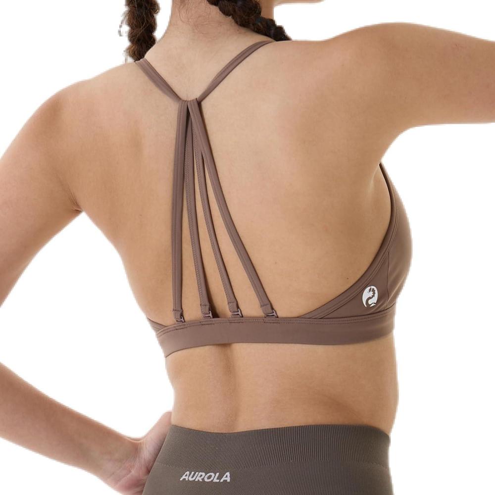 imageAUROLA Mercury Workout Sports Bras Women Athletic Removable Padded Backless Strapy Minimal Crop TopCoffee