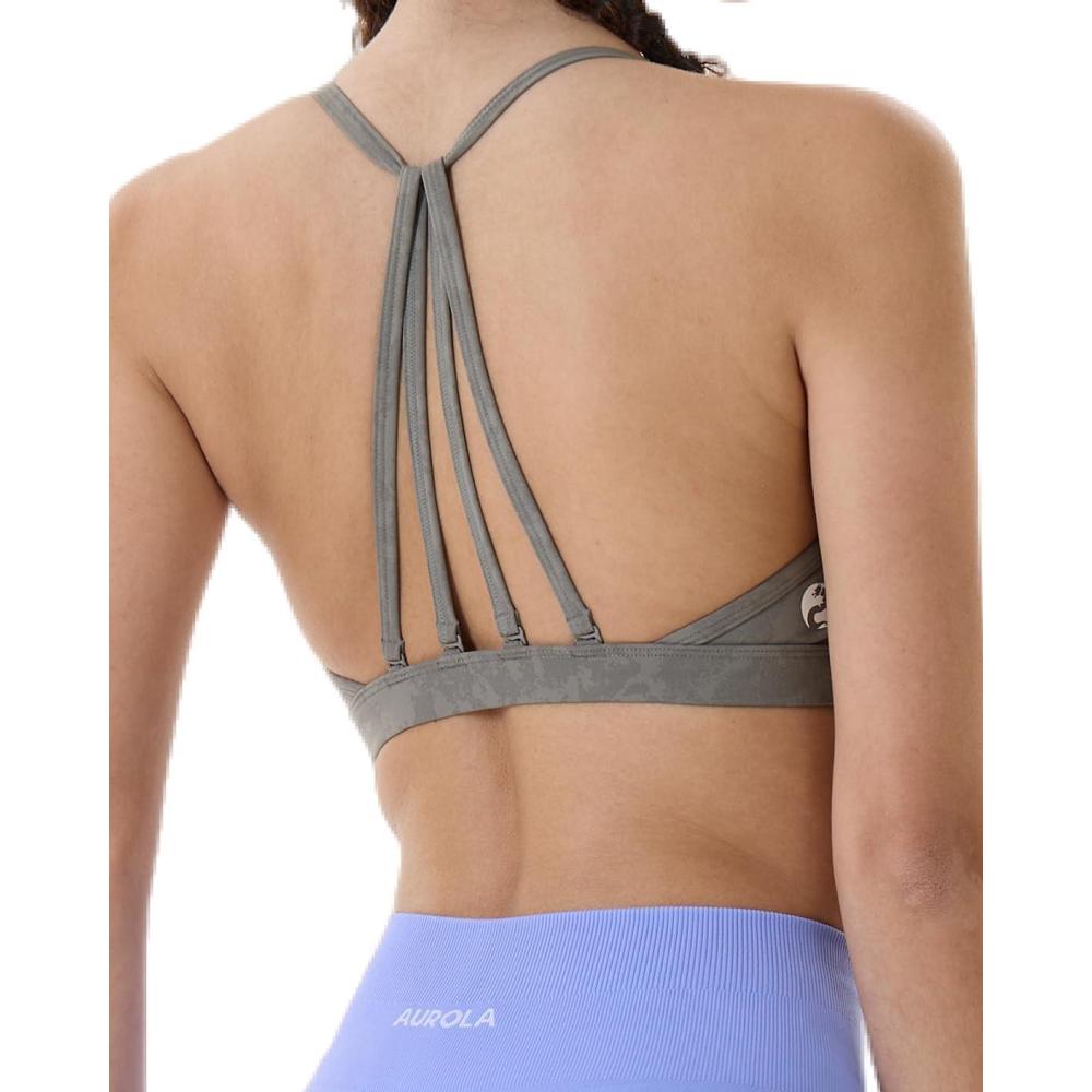 imageAUROLA Mercury Workout Sports Bras Women Athletic Removable Padded Backless Strapy Minimal Crop TopFloralkhaki