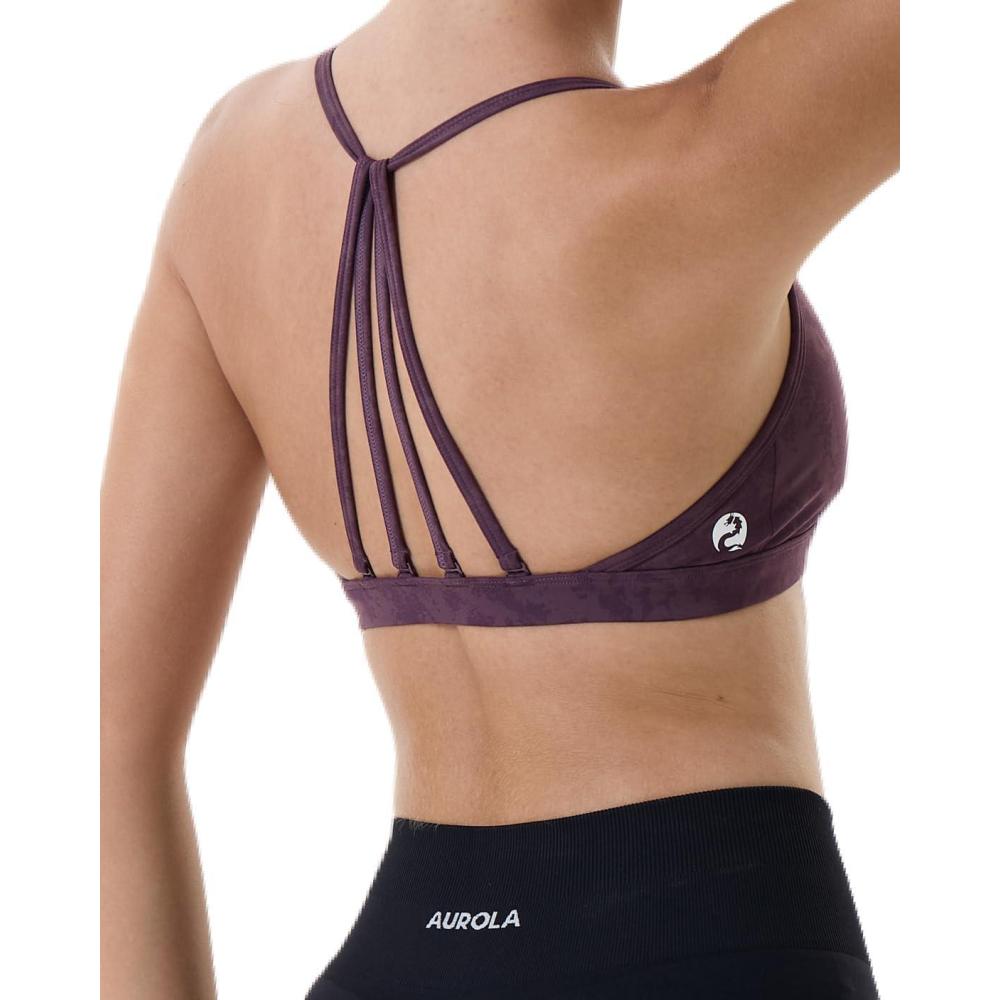 imageAUROLA Mercury Workout Sports Bras Women Athletic Removable Padded Backless Strapy Minimal Crop TopFloralpurple