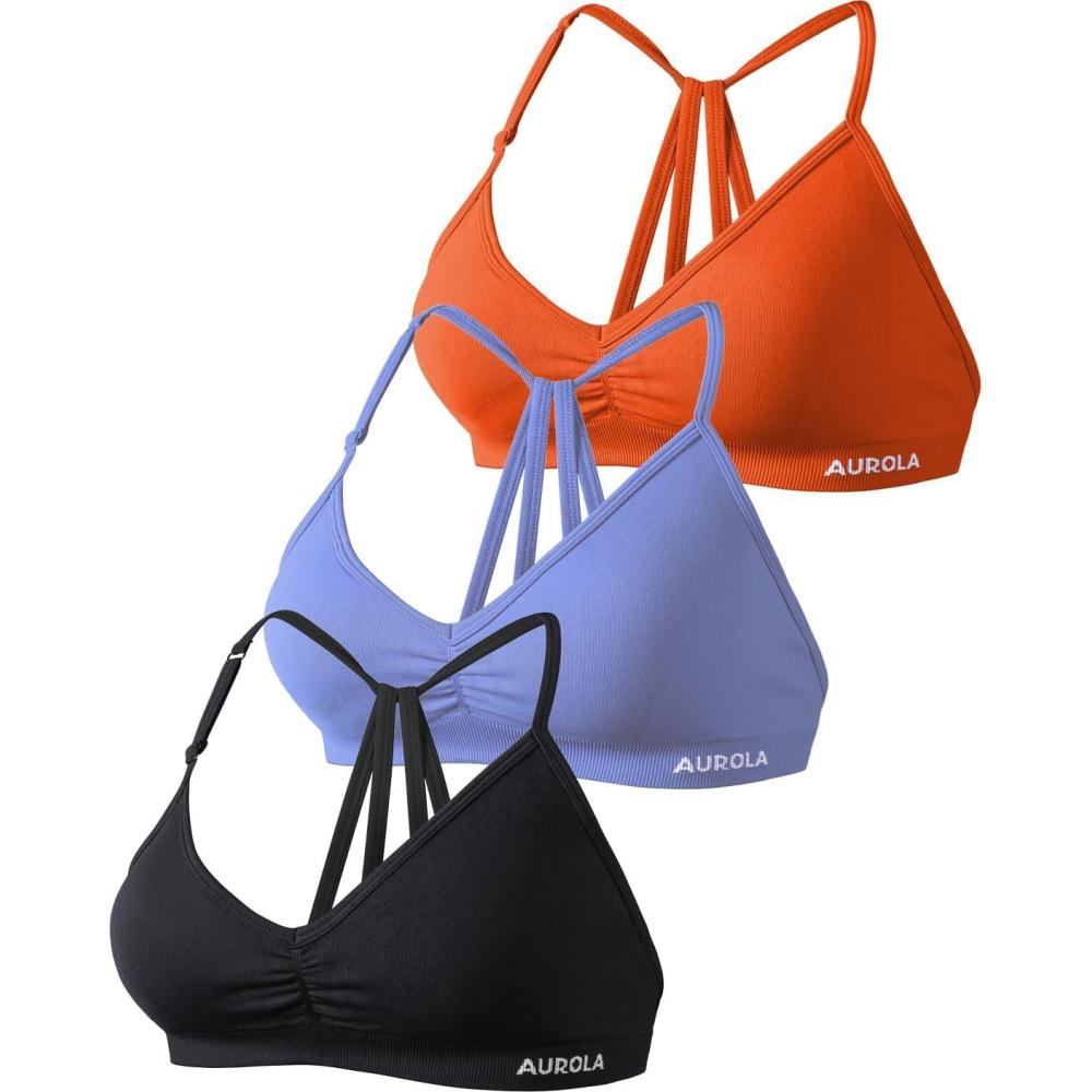 imageAUROLA Mercury Workout Sports Bras Women Athletic Removable Padded Backless Strapy Minimal Crop TopPack Blackjacarandapersimmon Orange