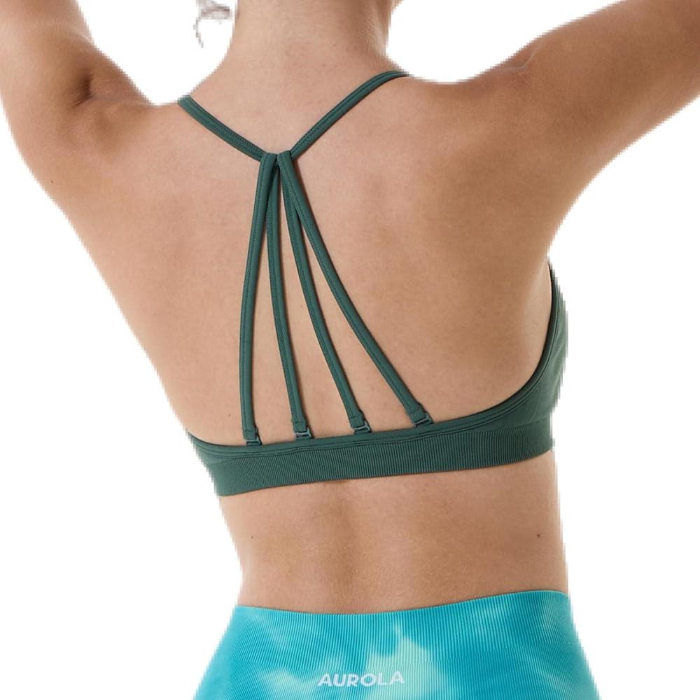 imageAUROLA Mercury Workout Sports Bras Women Athletic Removable Padded Backless Strapy Minimal Crop TopSeamlesseden Green