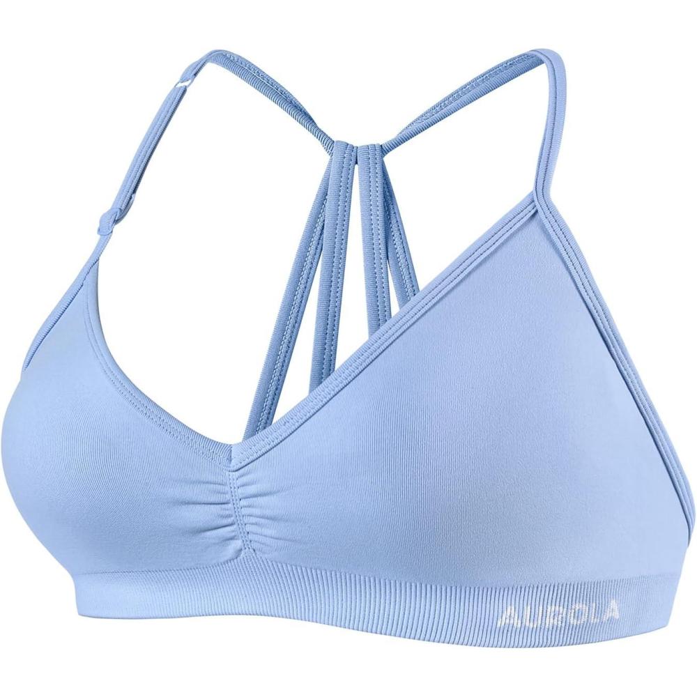 imageAUROLA Mercury Workout Sports Bras Women Athletic Removable Padded Backless Strapy Minimal Crop TopSerenity Blue