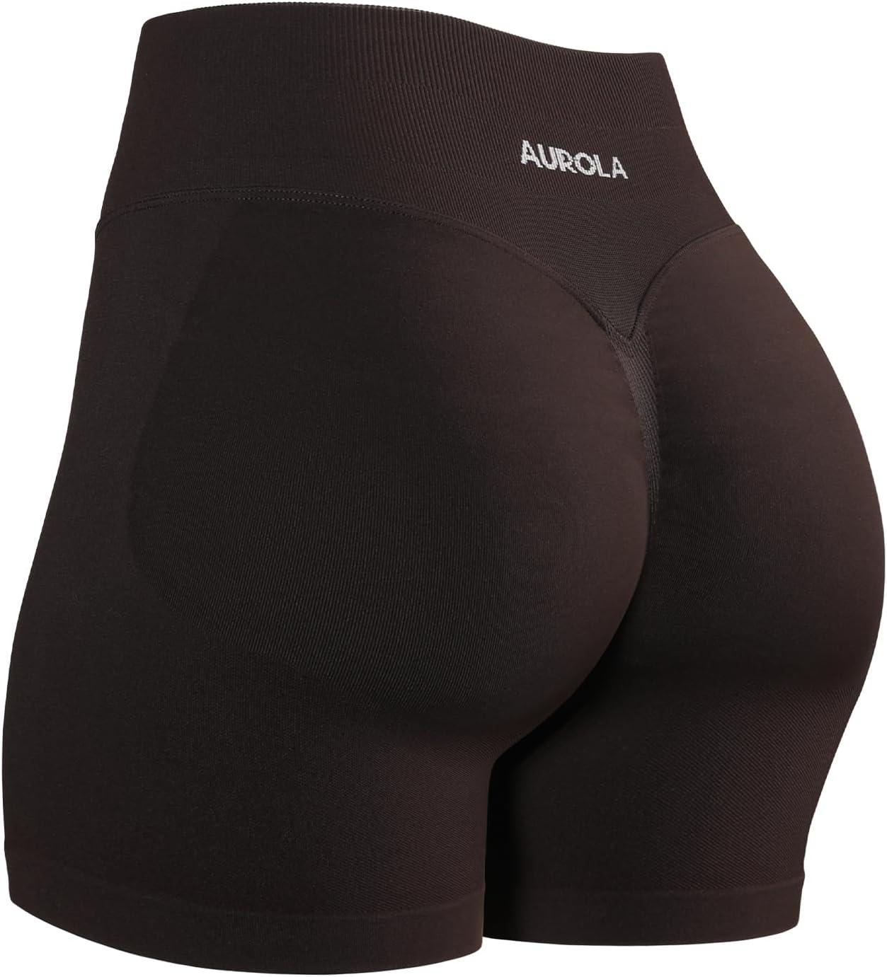 imageAUROLA Influence Workout Shorts for Women25 35 45 55 65 No Roll Up Squat Proof Scrunch Seamless Compression Gym ShortCoffee