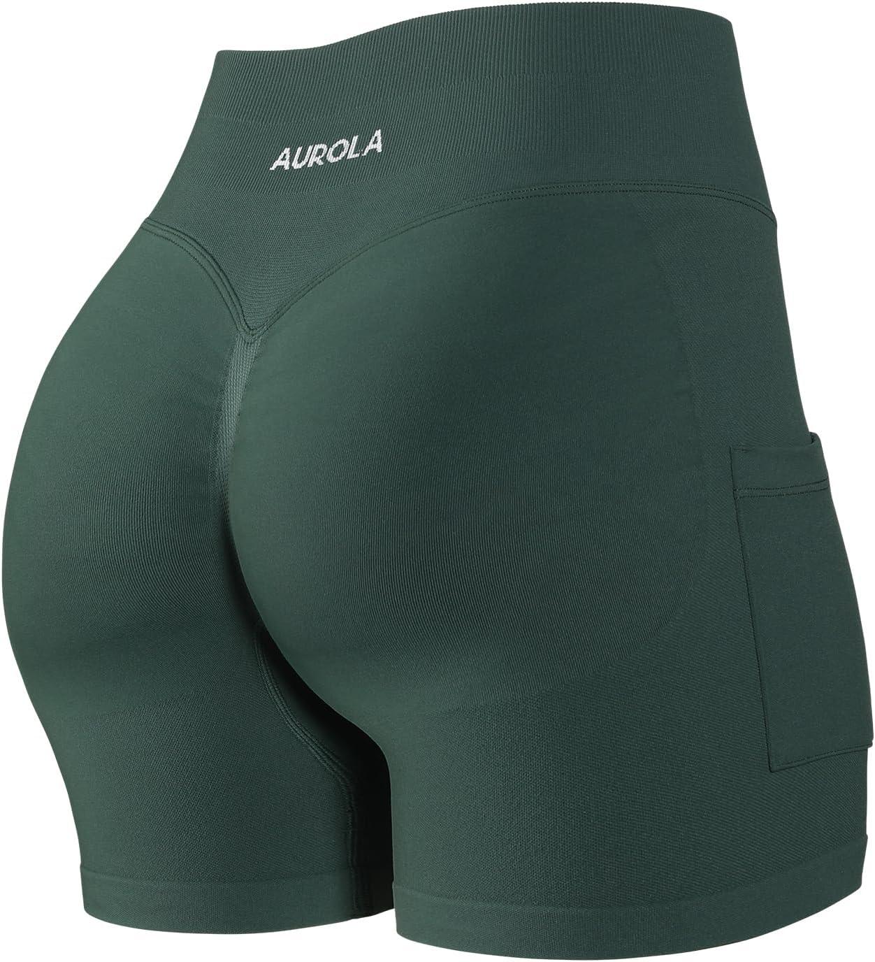 imageAUROLA Influence Workout Shorts for Women25 35 45 55 65 No Roll Up Squat Proof Scrunch Seamless Compression Gym ShortEden Green
