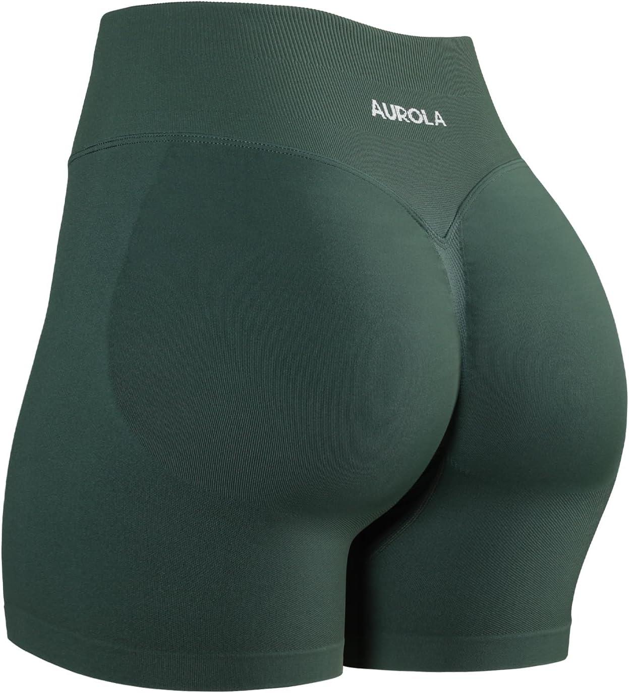 imageAUROLA Influence Workout Shorts for Women25 35 45 55 65 No Roll Up Squat Proof Scrunch Seamless Compression Gym ShortEden Green