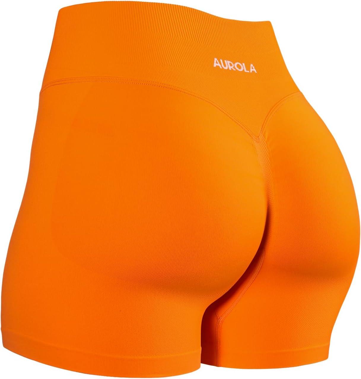 imageAUROLA Influence Workout Shorts for Women25 35 45 55 65 No Roll Up Squat Proof Scrunch Seamless Compression Gym ShortPersimmon Orange