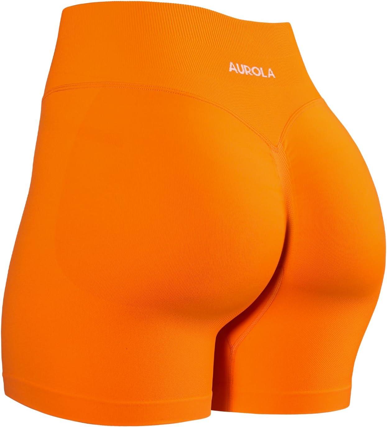 imageAUROLA Influence Workout Shorts for Women25 35 45 55 65 No Roll Up Squat Proof Scrunch Seamless Compression Gym ShortPersimmon Orange