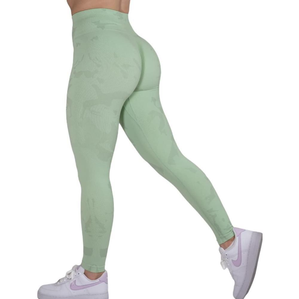 imageAUROLA CAMO Collection Workout Leggings for Women Subtle Logo Seamless Scrunch Gym Tights Yoga Running Active PantsCamopastel Green