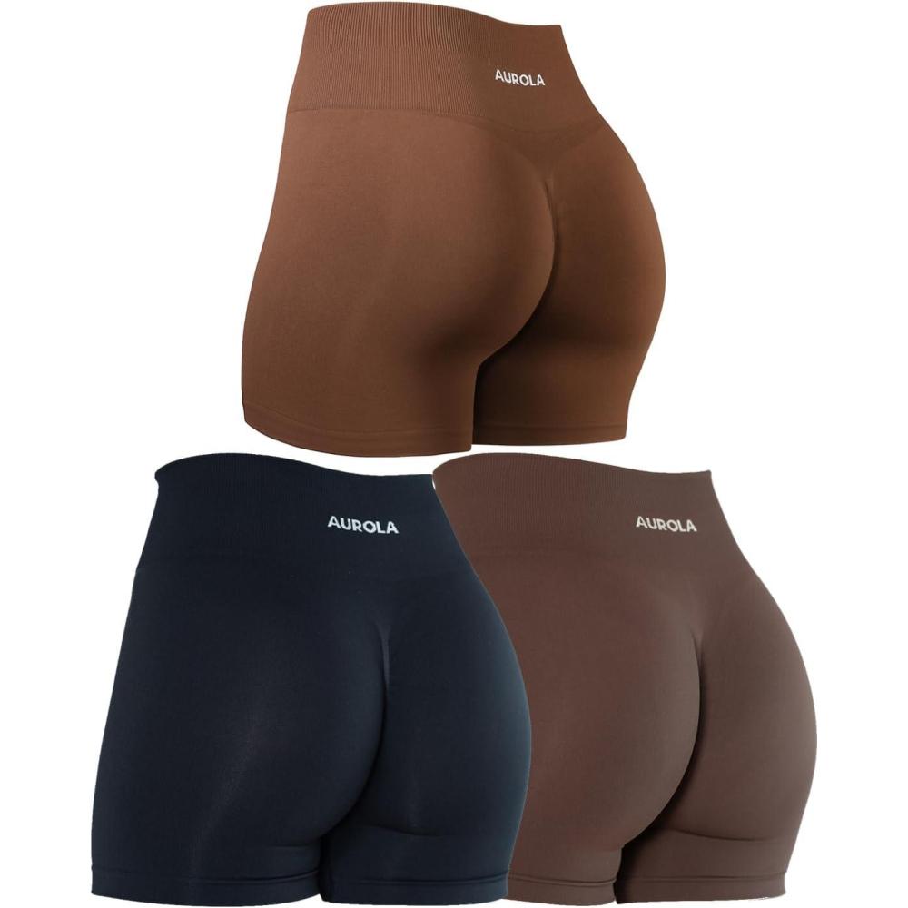 imageAUROLA Dream Collection Women Workout Shorts High Waist Gym Shorts Scrunch Butt Seamless Athletic ShortsPack Dark BlackJava CoffeeCappuccino
