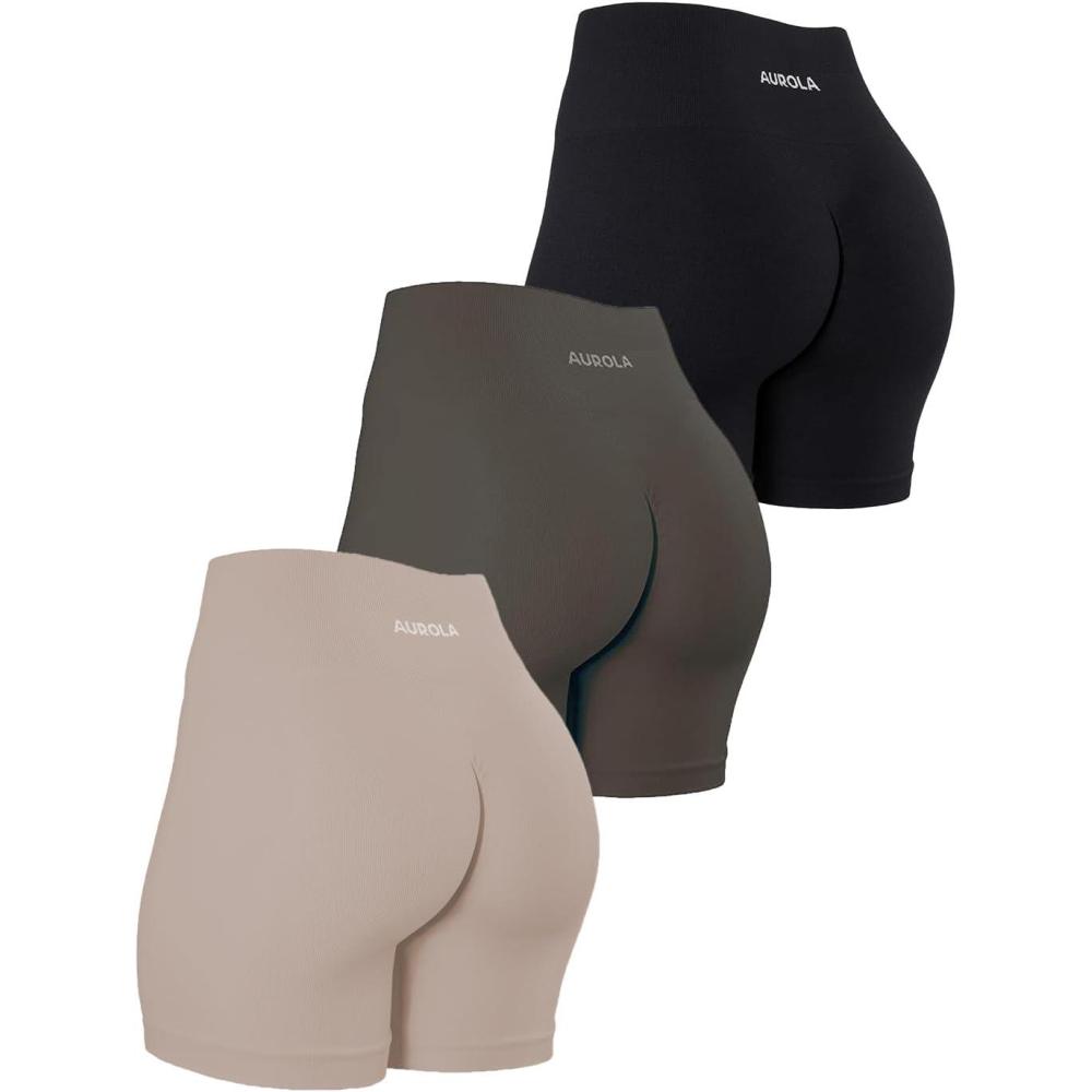 imageAUROLA Dream Collection Women Workout Shorts High Waist Gym Shorts Scrunch Butt Seamless Athletic ShortsPackblackNaturalChestnut Brown