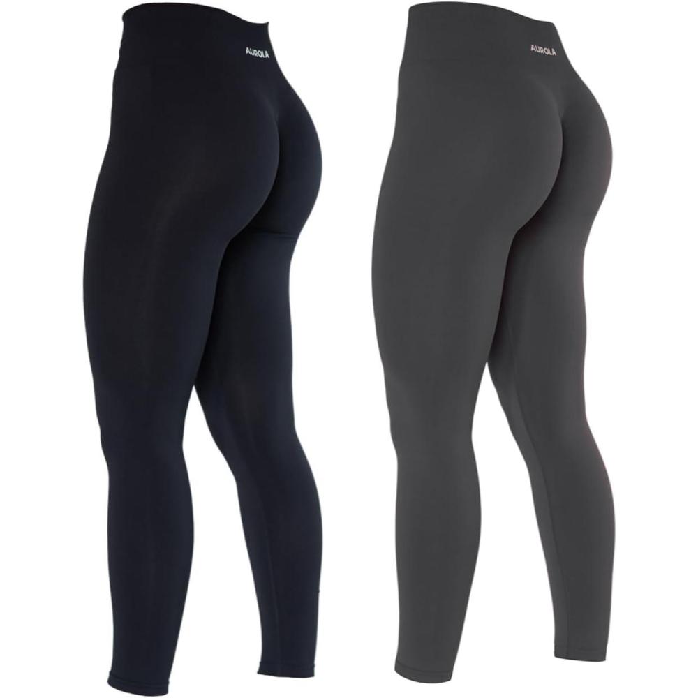 imageAUROLA Dream Collection Workout Leggings for Women High Waist Seamless Scrunch Athletic Running Gym Fitness Active PantsSet Blackasphalt Grey