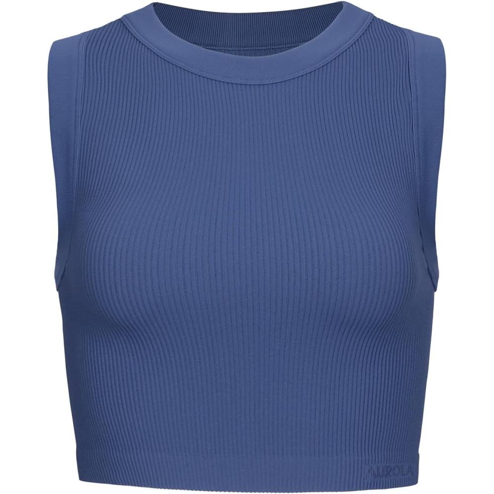 imageAUROLA Essentials Rib Seamless Sleeveless Tank for Women Subtle Logo Round Neck Active Workout Crop TopsBijou Blue