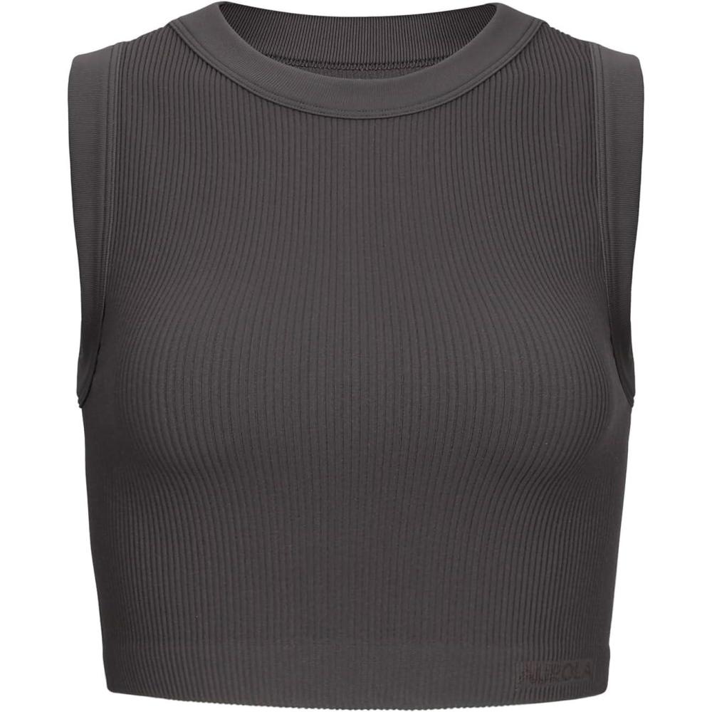 imageAUROLA Essentials Rib Seamless Sleeveless Tank for Women Subtle Logo Round Neck Active Workout Crop TopsBracken Brown