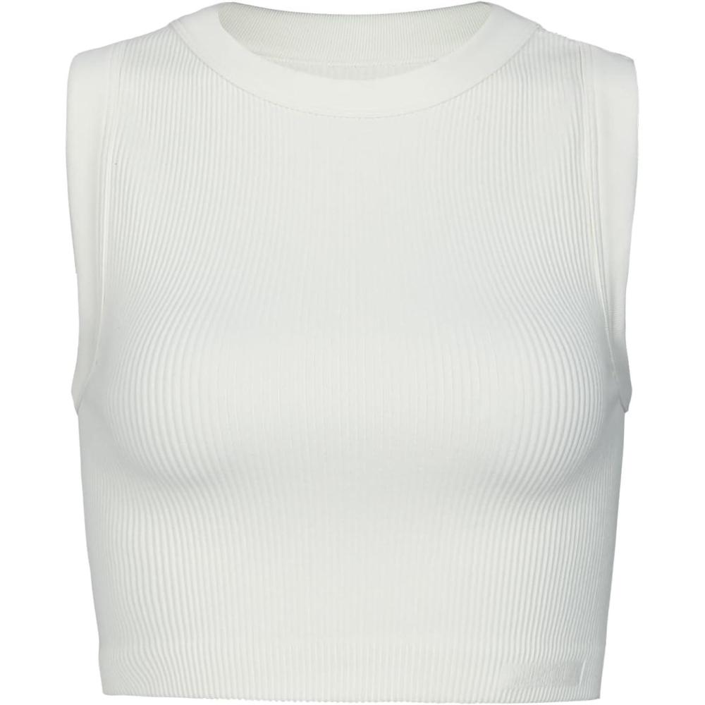imageAUROLA Essentials Rib Seamless Sleeveless Tank for Women Subtle Logo Round Neck Active Workout Crop TopsMarshmallow