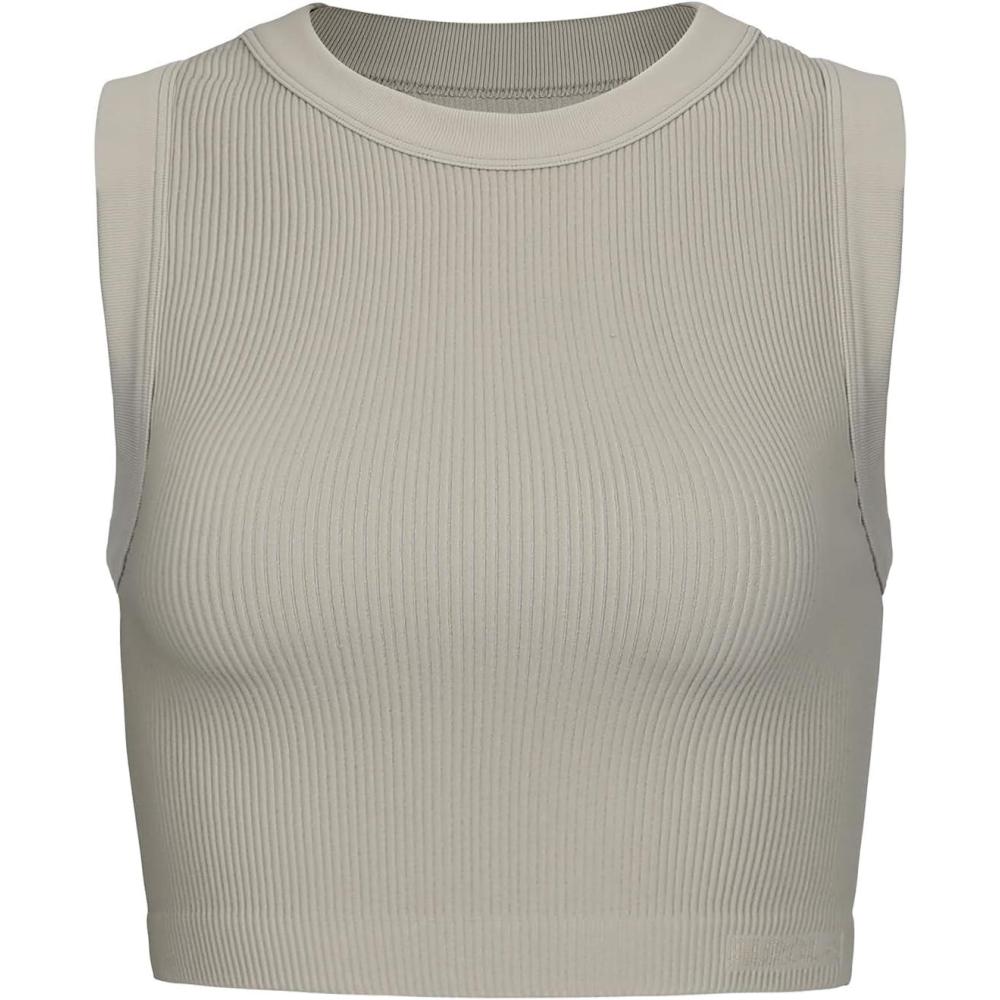 imageAUROLA Essentials Rib Seamless Sleeveless Tank for Women Subtle Logo Round Neck Active Workout Crop TopsTidal Foam