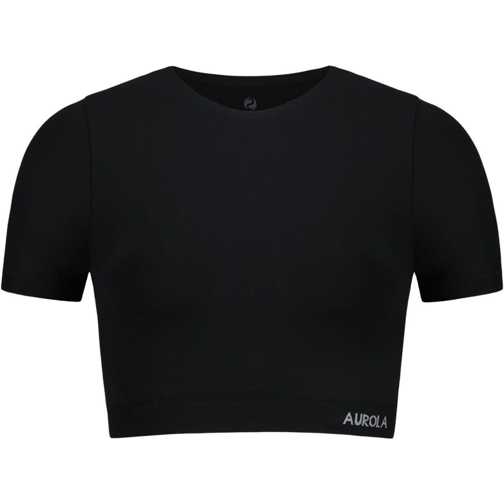imageAUROLA Essentials Seamless Short Sleeve Crop Top for Women Workout Active Comfort Athletic Shirts TeeBlack