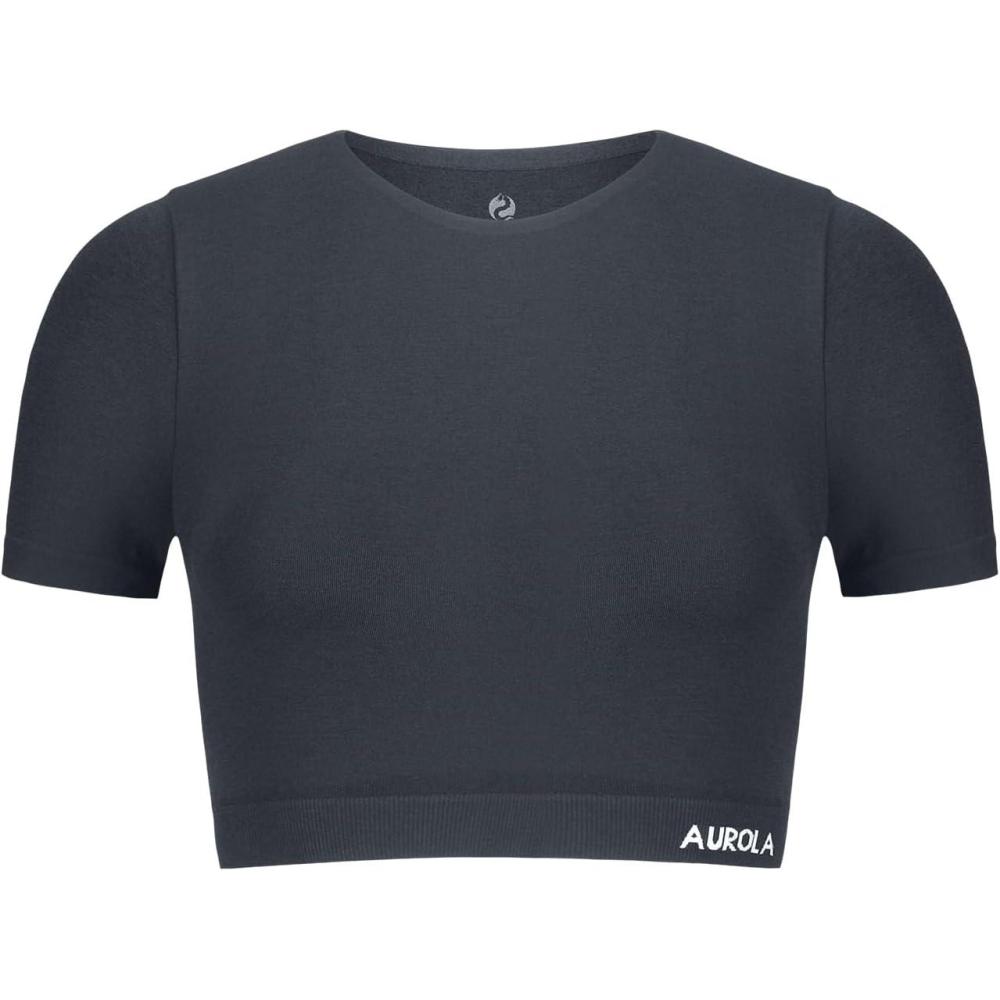 imageAUROLA Essentials Seamless Short Sleeve Crop Top for Women Workout Active Comfort Athletic Shirts TeeDark Grey
